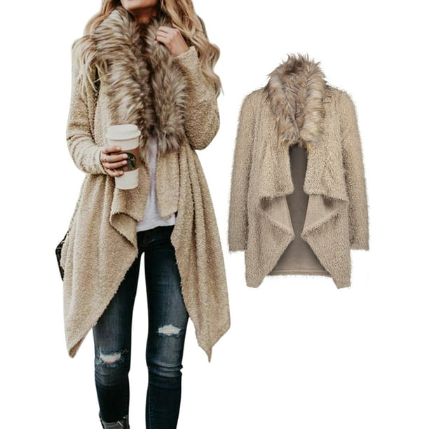 Plush Womens Winter Female Lapel Furry Mid-length Overcoats Warm Casual Coats Sz